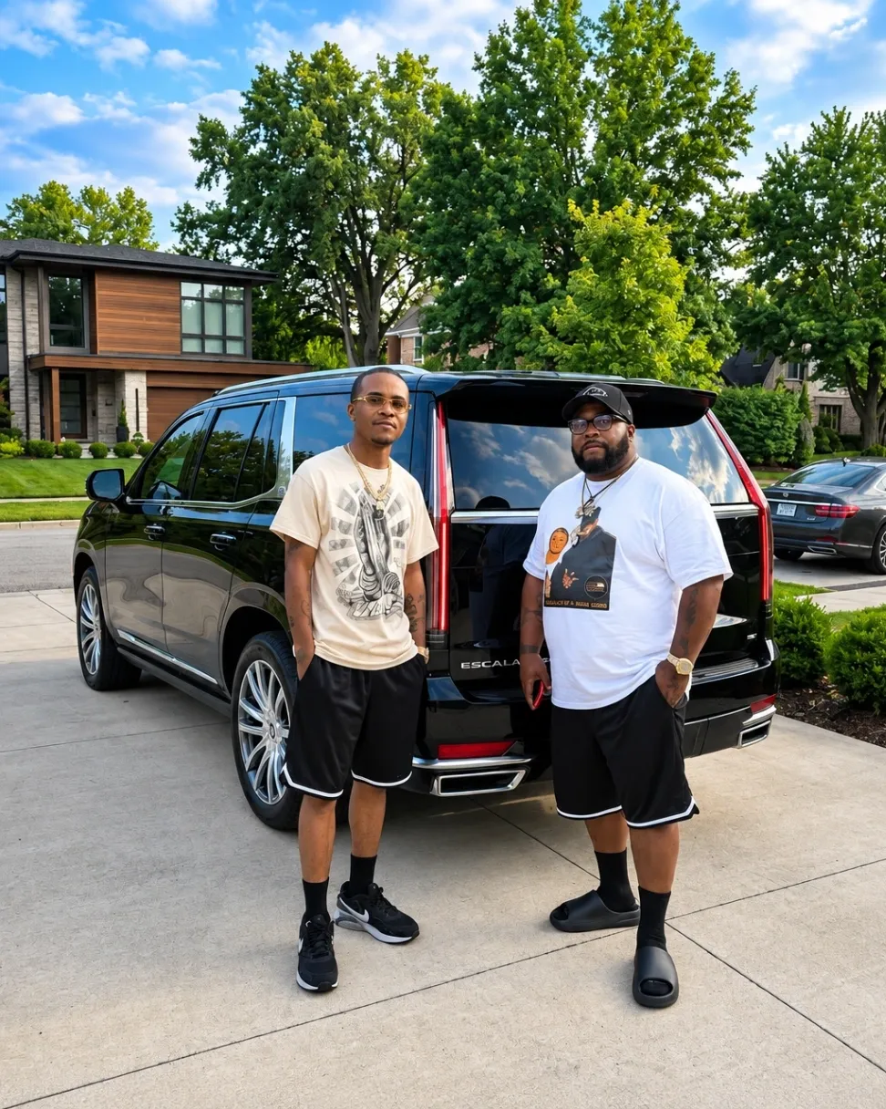 Kid Jay and his dad standing in front of a black Escalade SUV